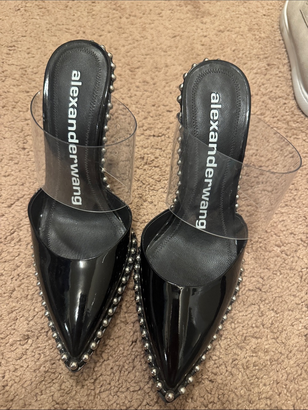 Alexander Wang Black Patent Pointed Mule with Clear Band and Silver Stud Trim
